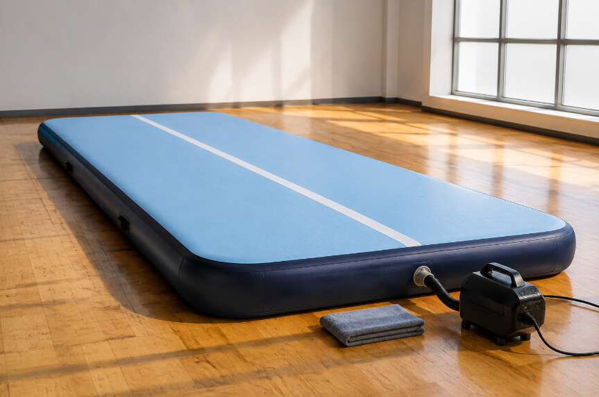 Inflatable air track mat on a gym floor with an electric pump connected to the high-pressure valve, ready for a leak test