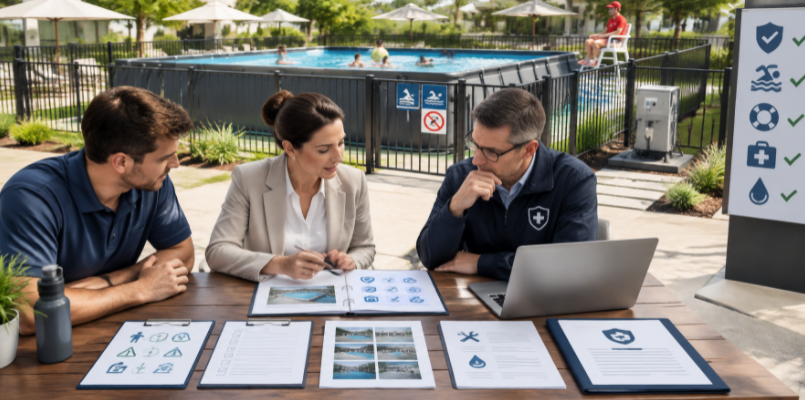 Rental business team reviewing pool safety, insurance, inspection, and compliance requirements.