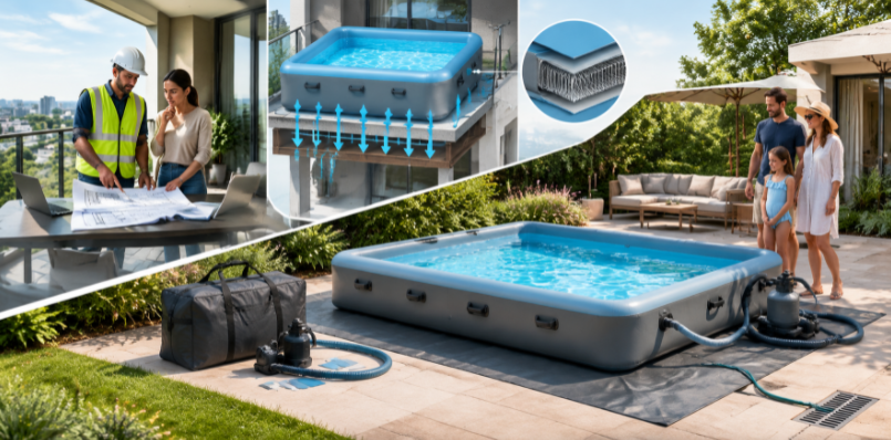 Structural safety assessment for a compact inflatable pool on an apartment balcony.