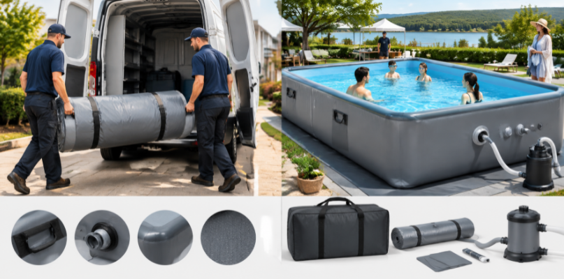 Workers transporting a durable drop-stitch pool from a storage bag to a commercial outdoor event.
