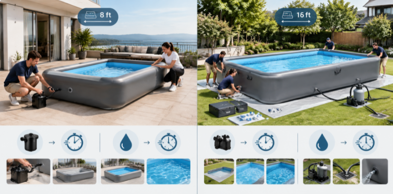 Comparison of setup requirements for compact 8-foot and large 16-foot drop-stitch pools.