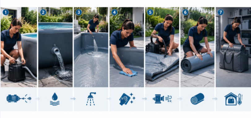 Step-by-step winter storage process for draining, drying, deflating, and packing a drop-stitch pool.