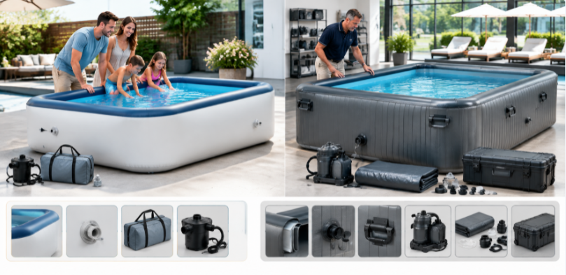 Comparison of consumer and commercial-grade inflatable drop-stitch pools and accessories.