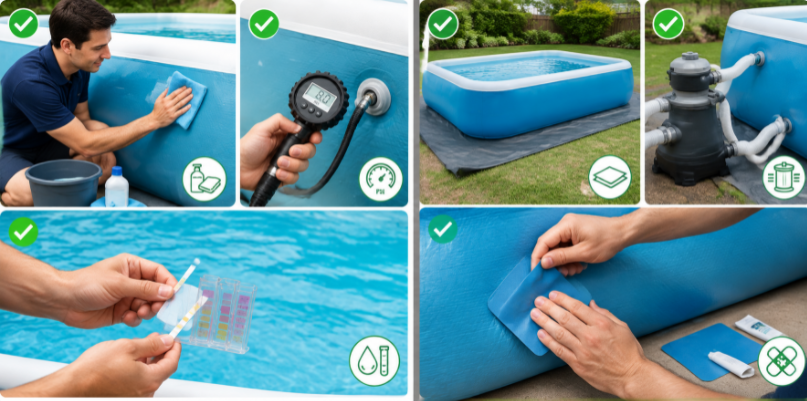 Proper cleaning, pressure checking, water treatment, and minor repair of a drop-stitch pool.