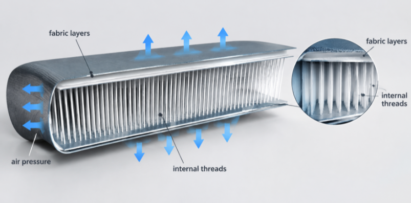3D cutaway diagram showing internal threads inside a rigid drop-stitch pool wall.