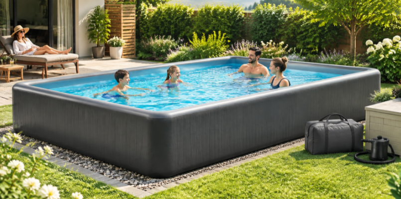 Premium inflatable drop-stitch pool with rigid walls in a landscaped backyard