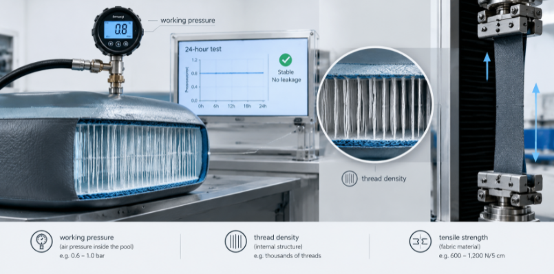 Laboratory testing of drop-stitch fabric pressure retention, thread density, and tensile strength.