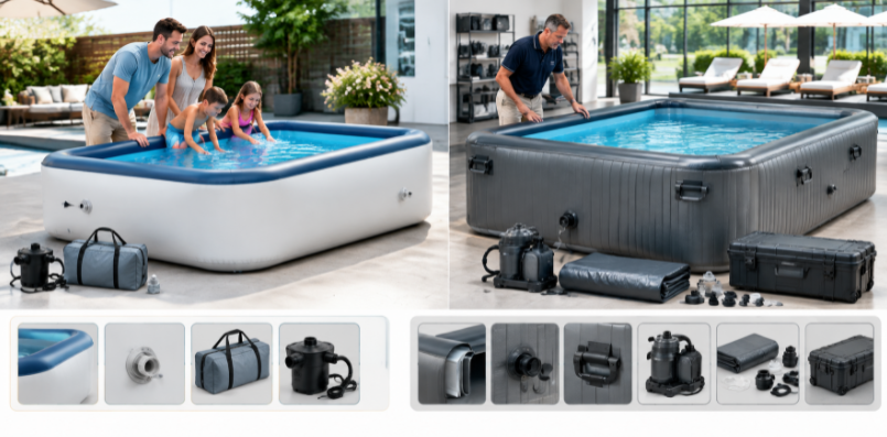 Rental staff inspecting and installing a commercial drop-stitch pool at an outdoor event.