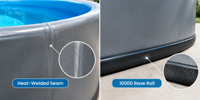Heat-welded seam and 1000D PVC rail layer on a drop stitch pool