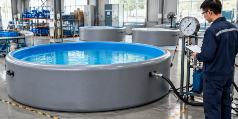 Drop stitch pool pressure hold test at the factory