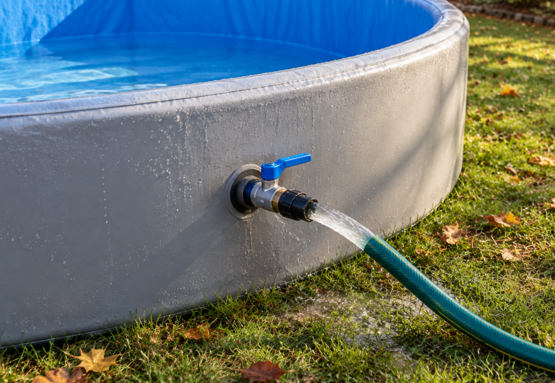 Draining an inflatable pool through the drain valve before winter storage