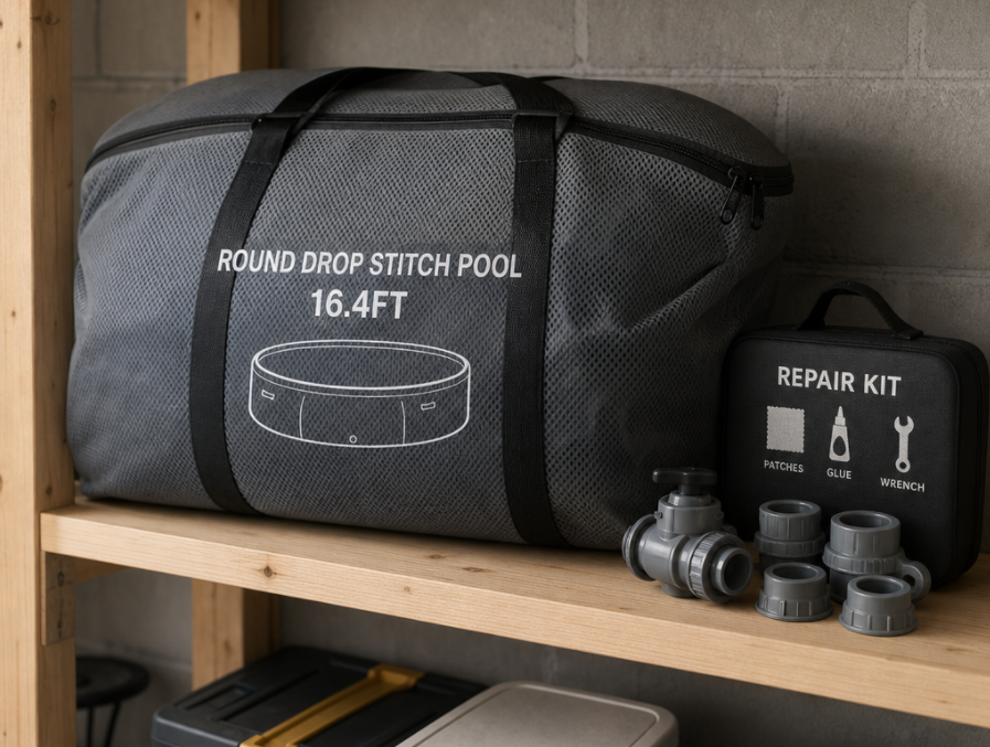 Storing an inflatable pool in a ventilated bag off the ground