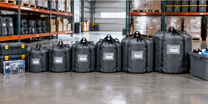 Rental pool fleet stored in ventilated bags with spare parts