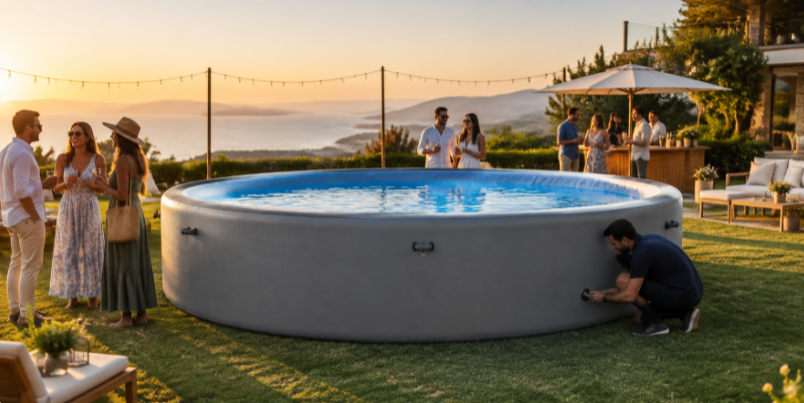 Drop stitch pool set up as rental equipment at an event