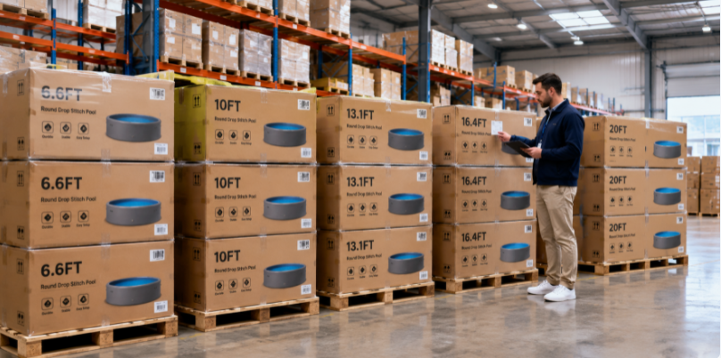 Wholesale inflatable pool cartons palletised in a retail stockroom