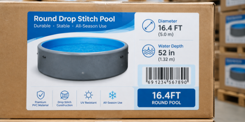 Retail inflatable pool carton with barcode and product specifications