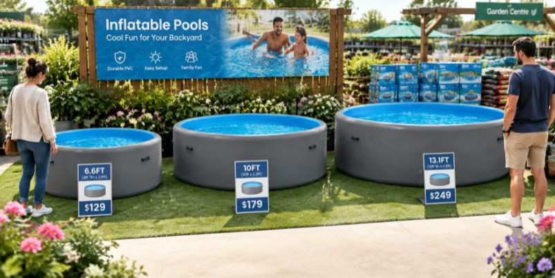 Inflatable pool size display in a garden centre