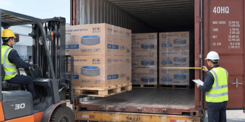 Loading inflatable pool cartons into a 40ft container