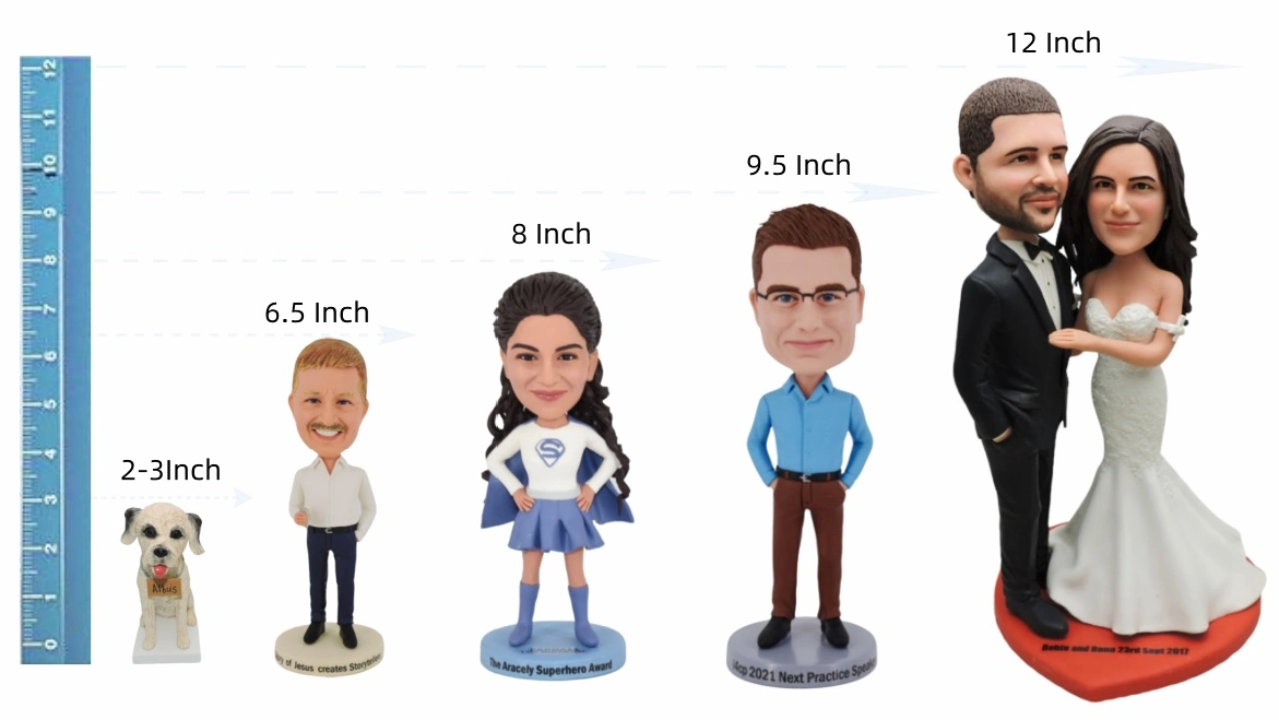 Custom bobblehead size comparison chart from 2 inches to 12 inches