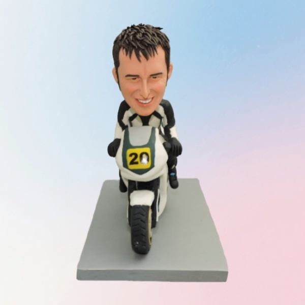 Customized bobblehead dolls of people riding motorcycles