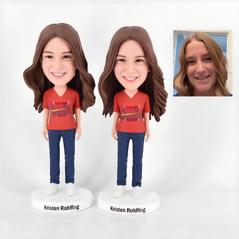 Customize two identical ones. bobblehead  A casual girl wearing jeans and a red T-shirt with a bobblehead.
