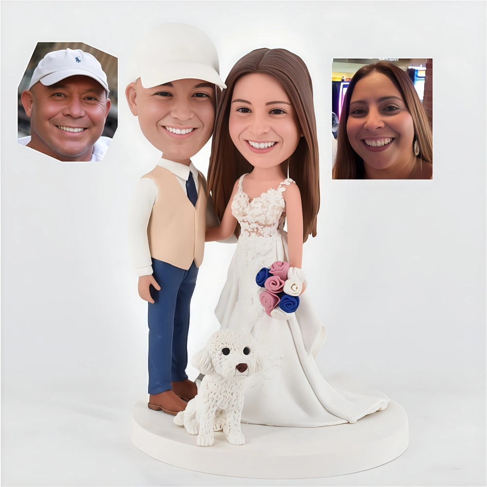 Couple and dog custom wedding bobblehead
