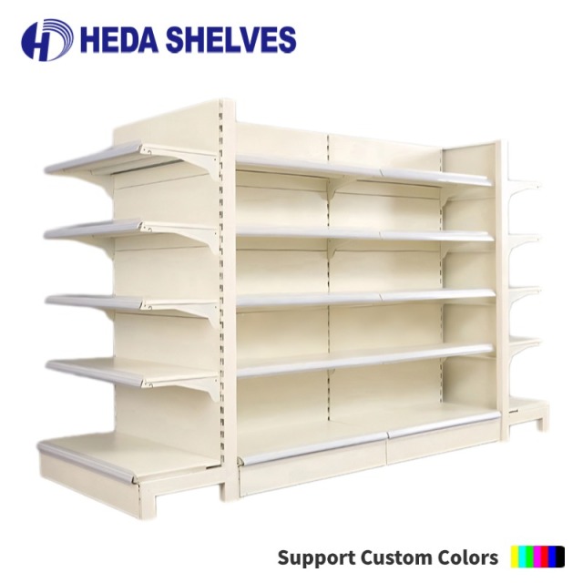 Beige Double Sided Supermarket Gondola Shelving