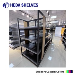 Gondola Shelving with Wood Panel and Mesh Back