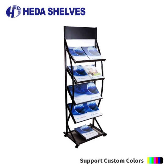 Metal Magazine & Brochure Display Stand with Rolling Wheels