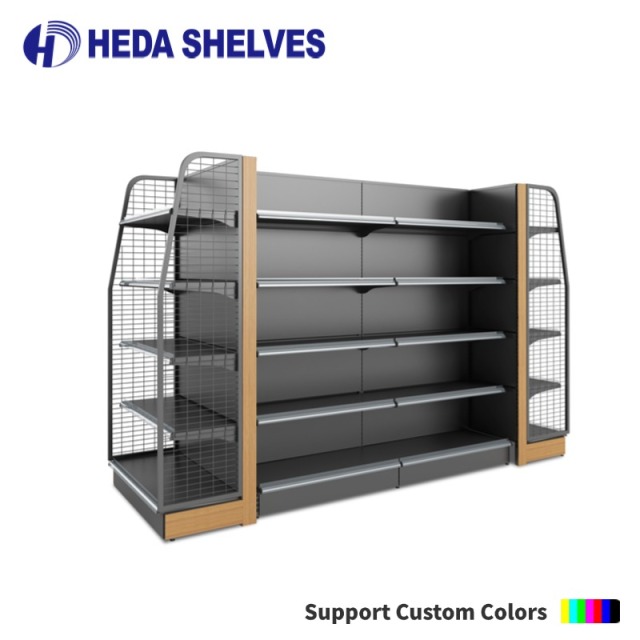 Modern Supermarket Display Gondola with Wire Side Panels