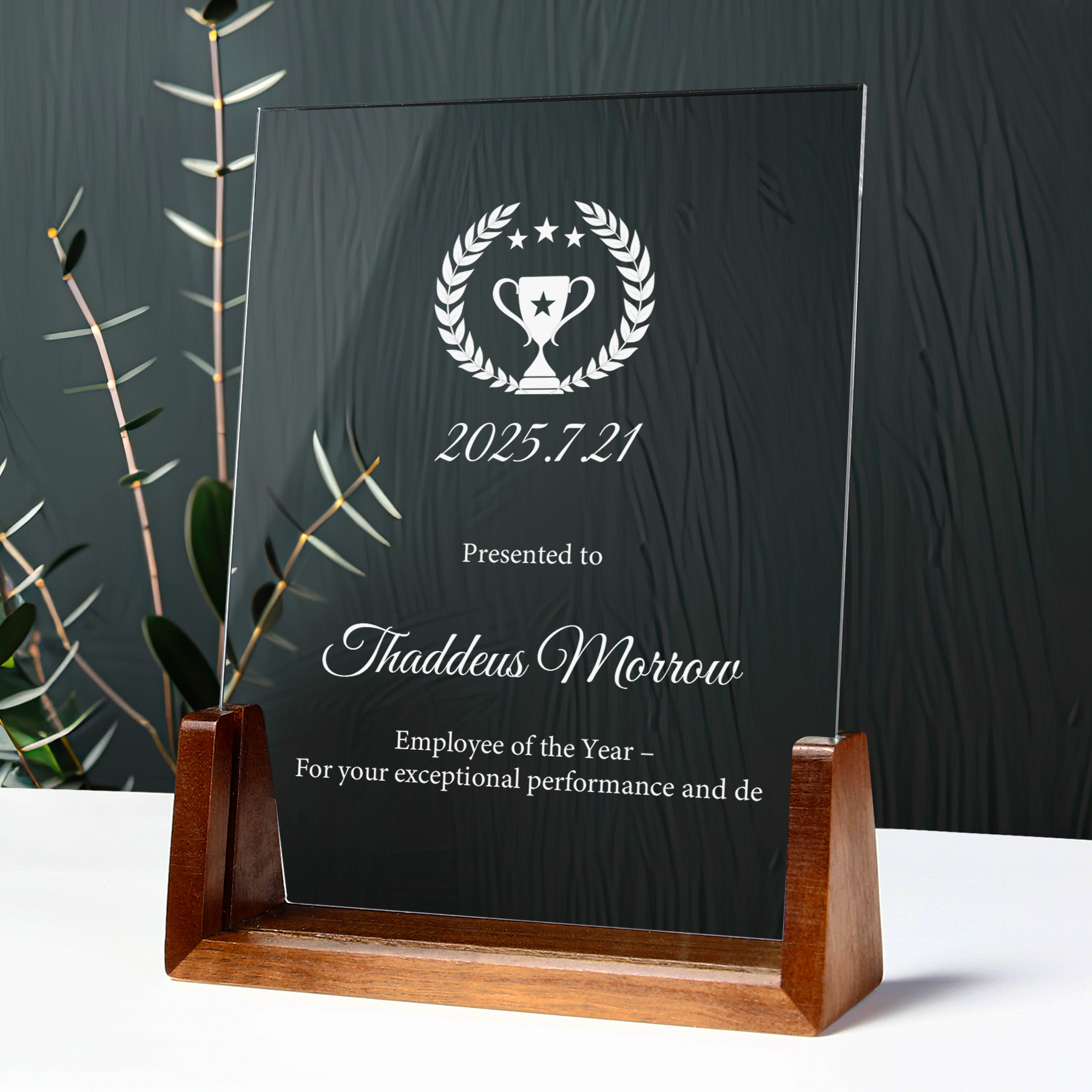 Custom Engraved Crystal Trophy on Wooden Stand