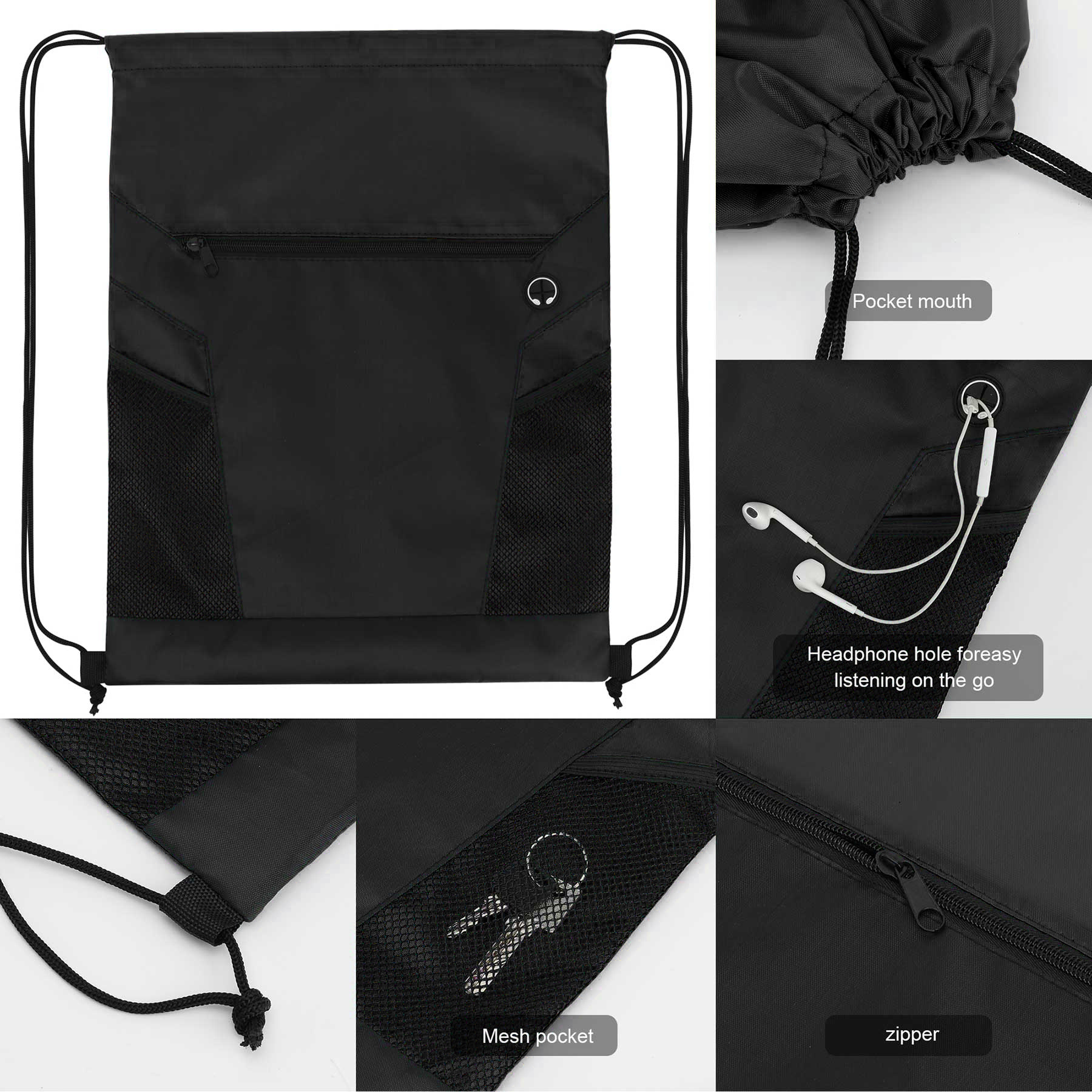 Zippered Drawstring Bag With Mesh Pockets