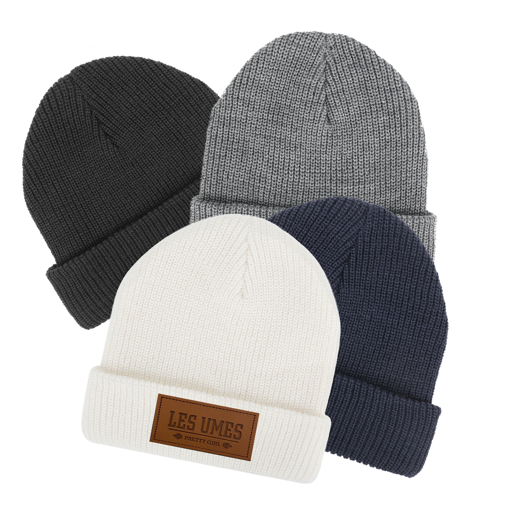 Knit Winter Hat with Leather-Look Brand Patch