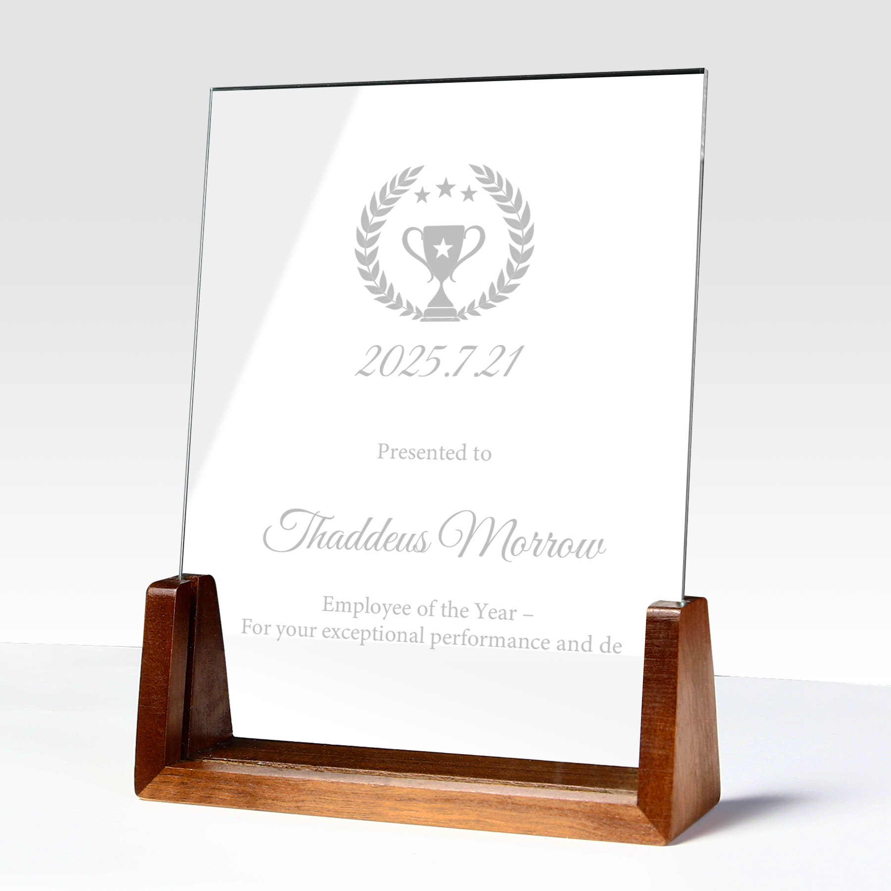 Custom Engraved Crystal Trophy on Wooden Stand