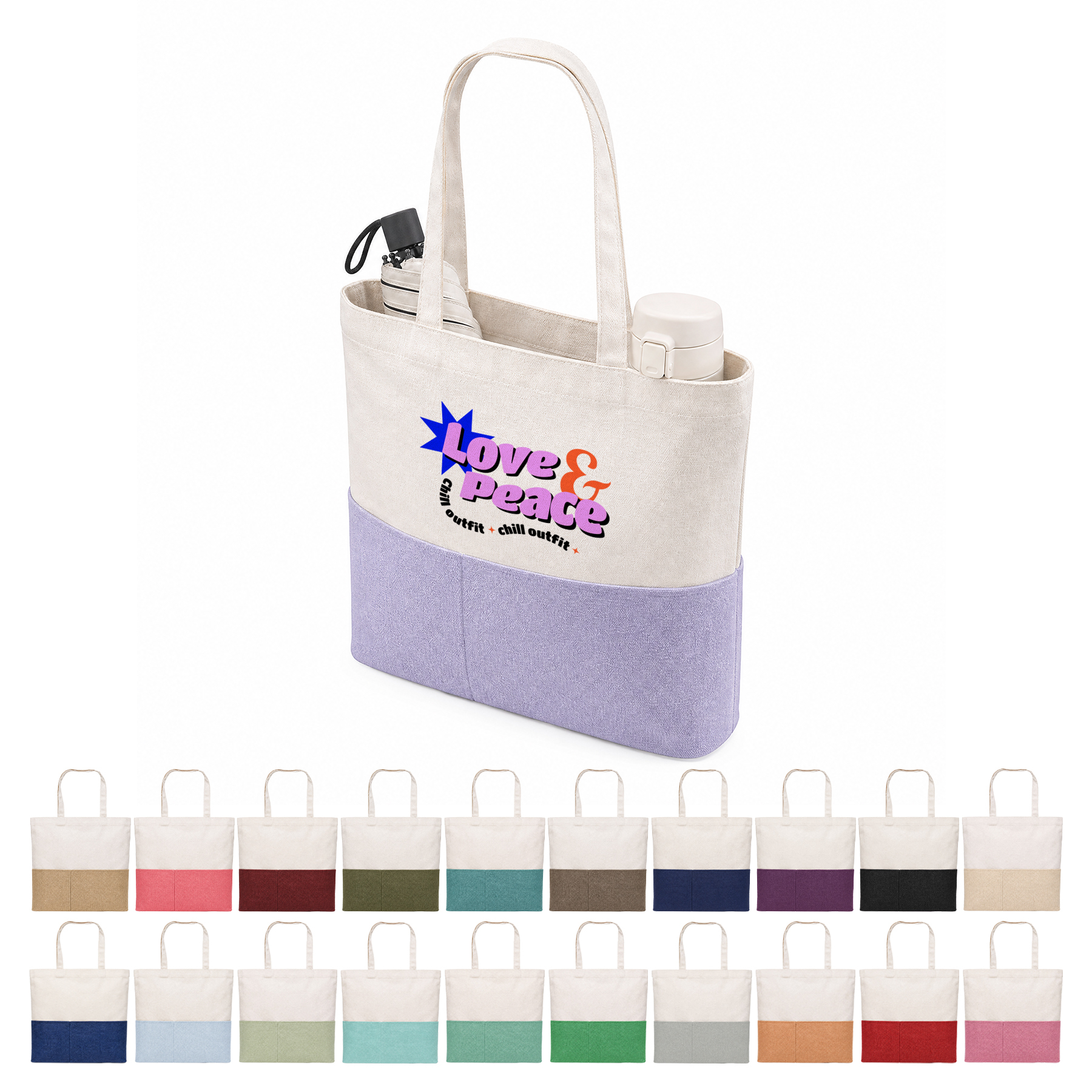Dual-Fabric Tote with Pocket (Cotton/Burlap)
