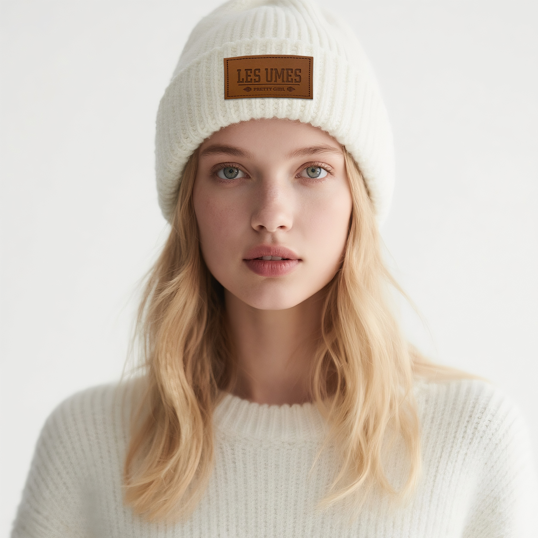 Knit Winter Hat with Leather-Look Brand Patch