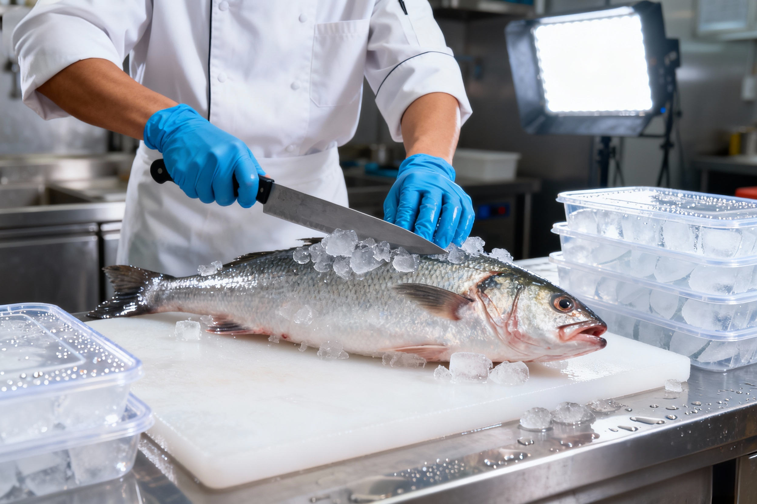 Fresh fish preserved with ice for seafood cooling and cold storage