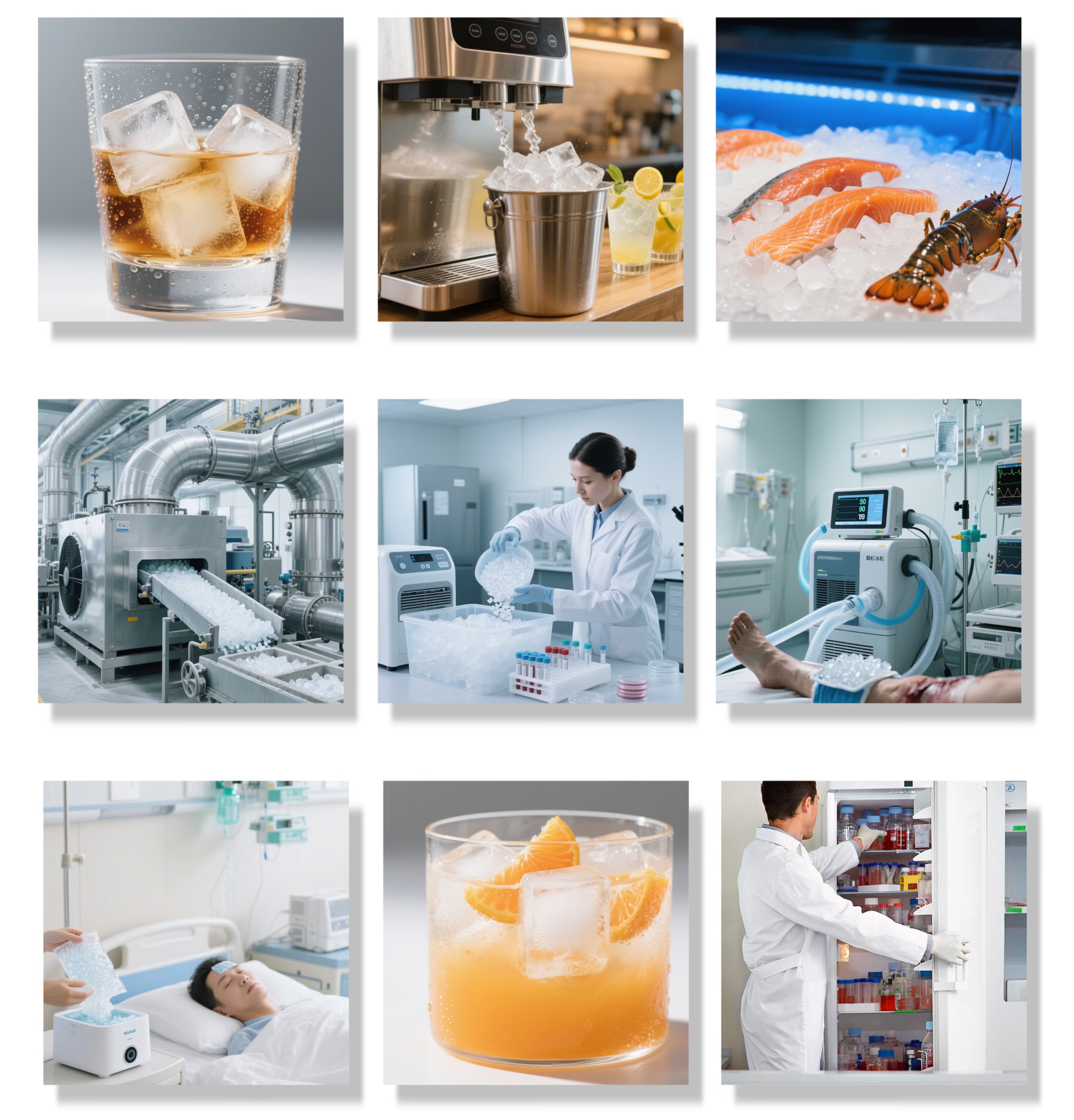 Cube ice used in beverages, food display, seafood cooling, and commercial foodservice applications