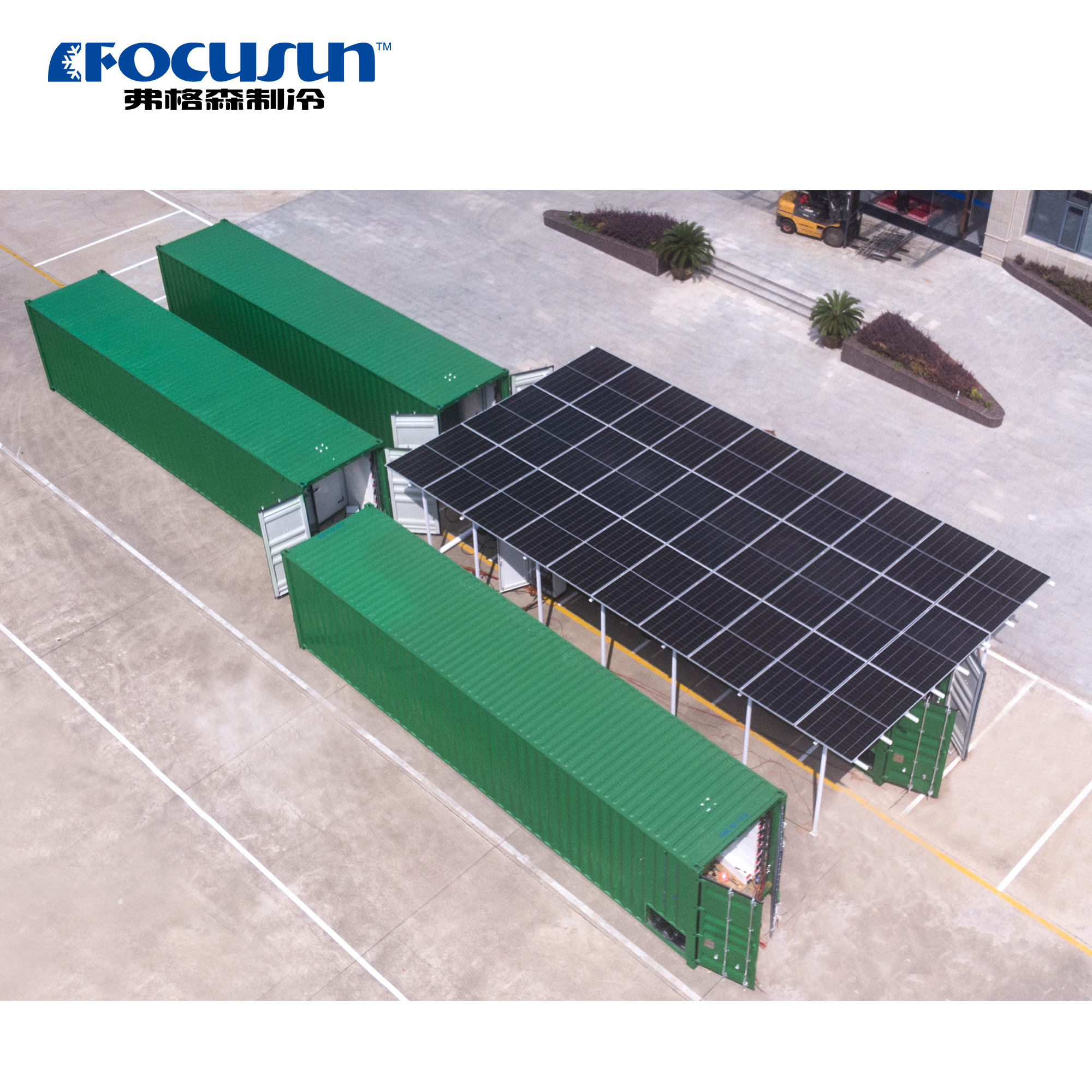 Exterior view of solar powered cold room with integrated photovoltaic panels for off-grid refrigeration