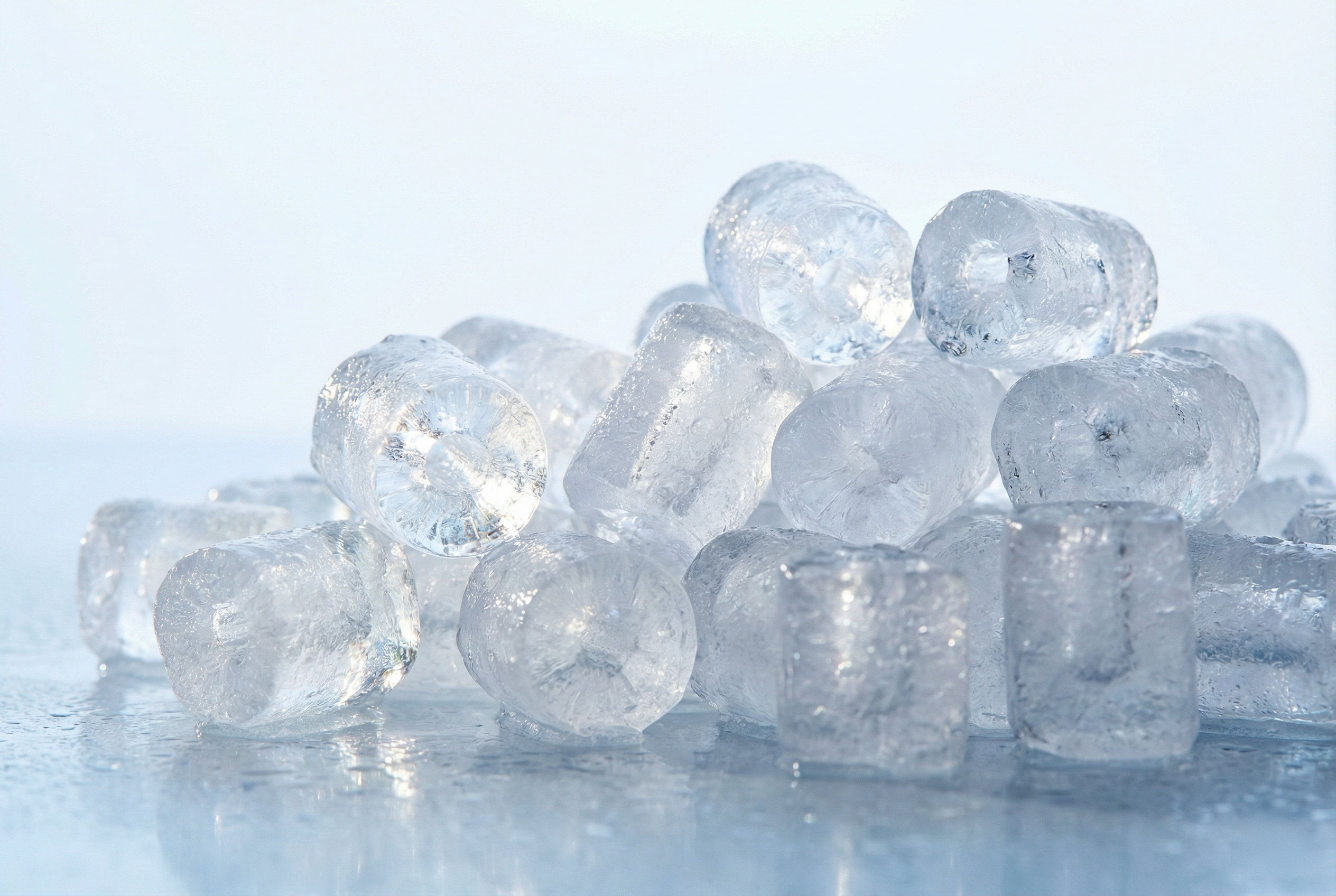 Crystal-clear and high-density hollow tube ice produced by Focusun machine for premium drinks.