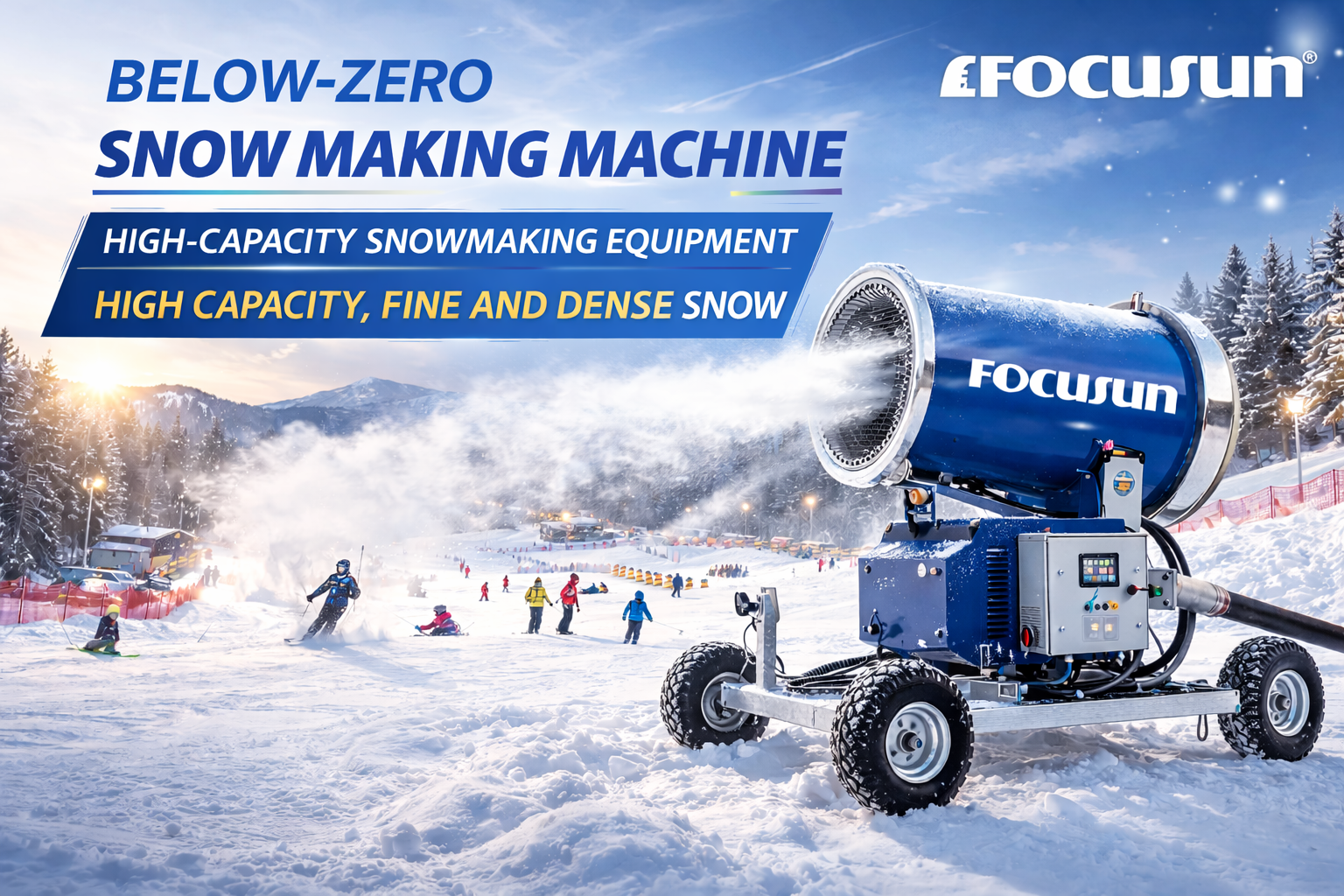 Focusun high-temperature snow cannon machine making fluffy, natural-looking snow for a ski resort in warm weather.