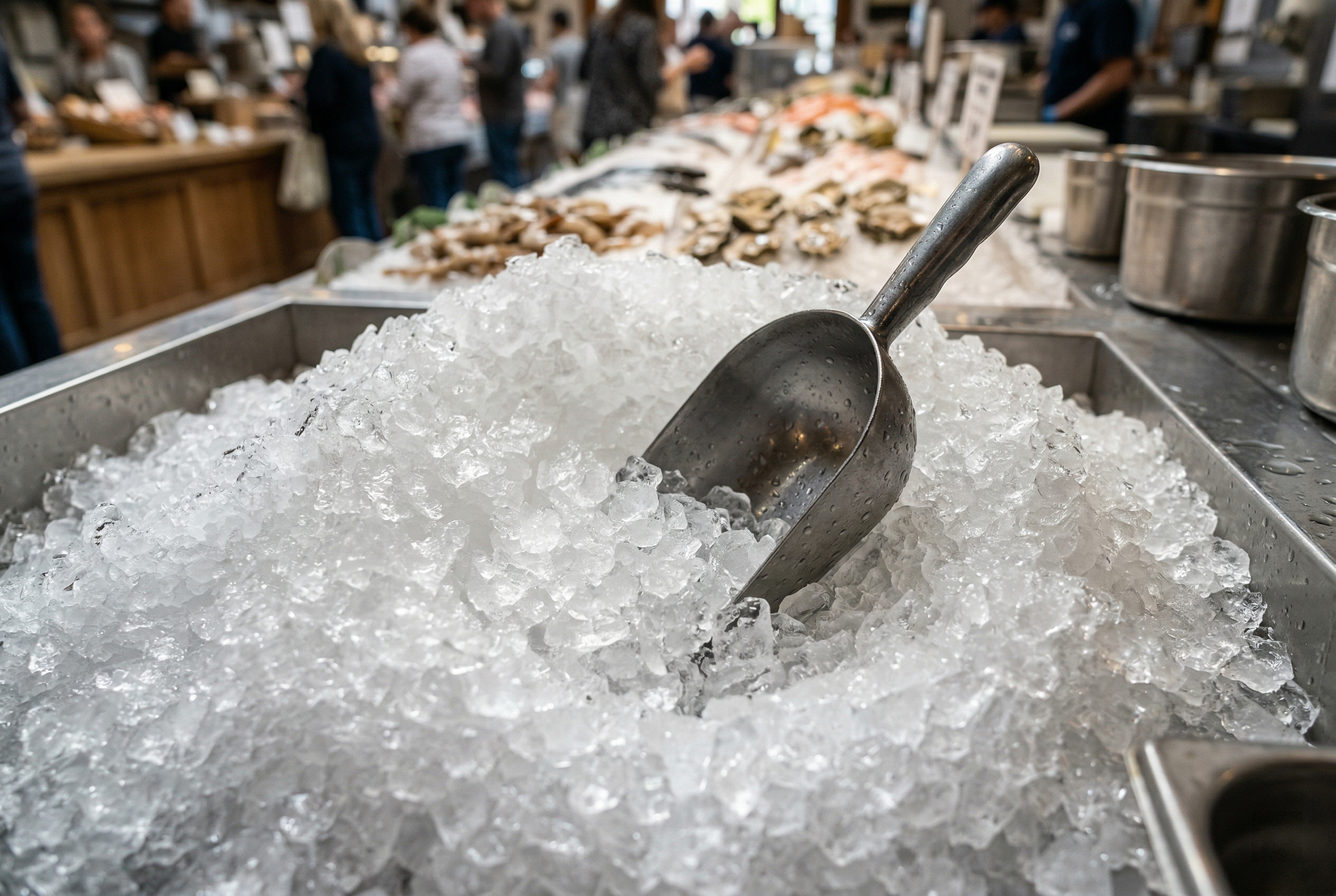 Dense and angular crushed ice pieces, ideal for rapid beverage chilling and maintaining texture in cocktails.
