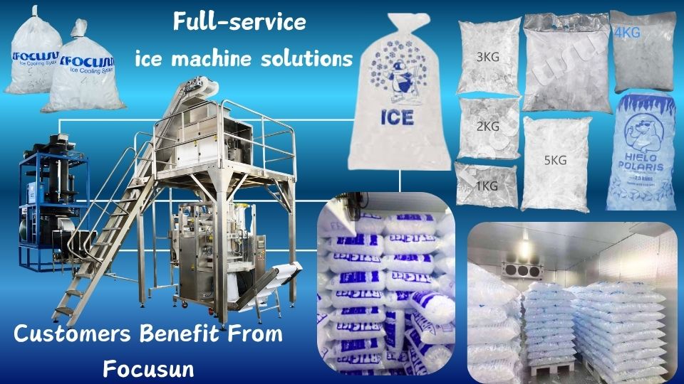 Comprehensive full-service ice making solutions by Focusun including ice production, storage, and automated packaging.