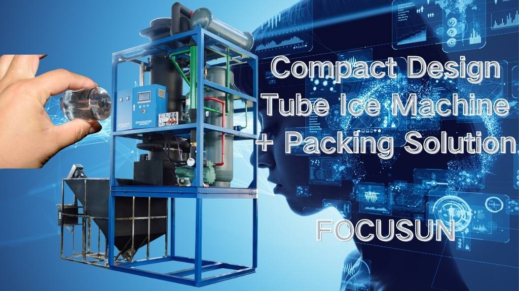 Integrated Focusun tube ice machine and automatic ice packing solution for streamlined fishery workflows.