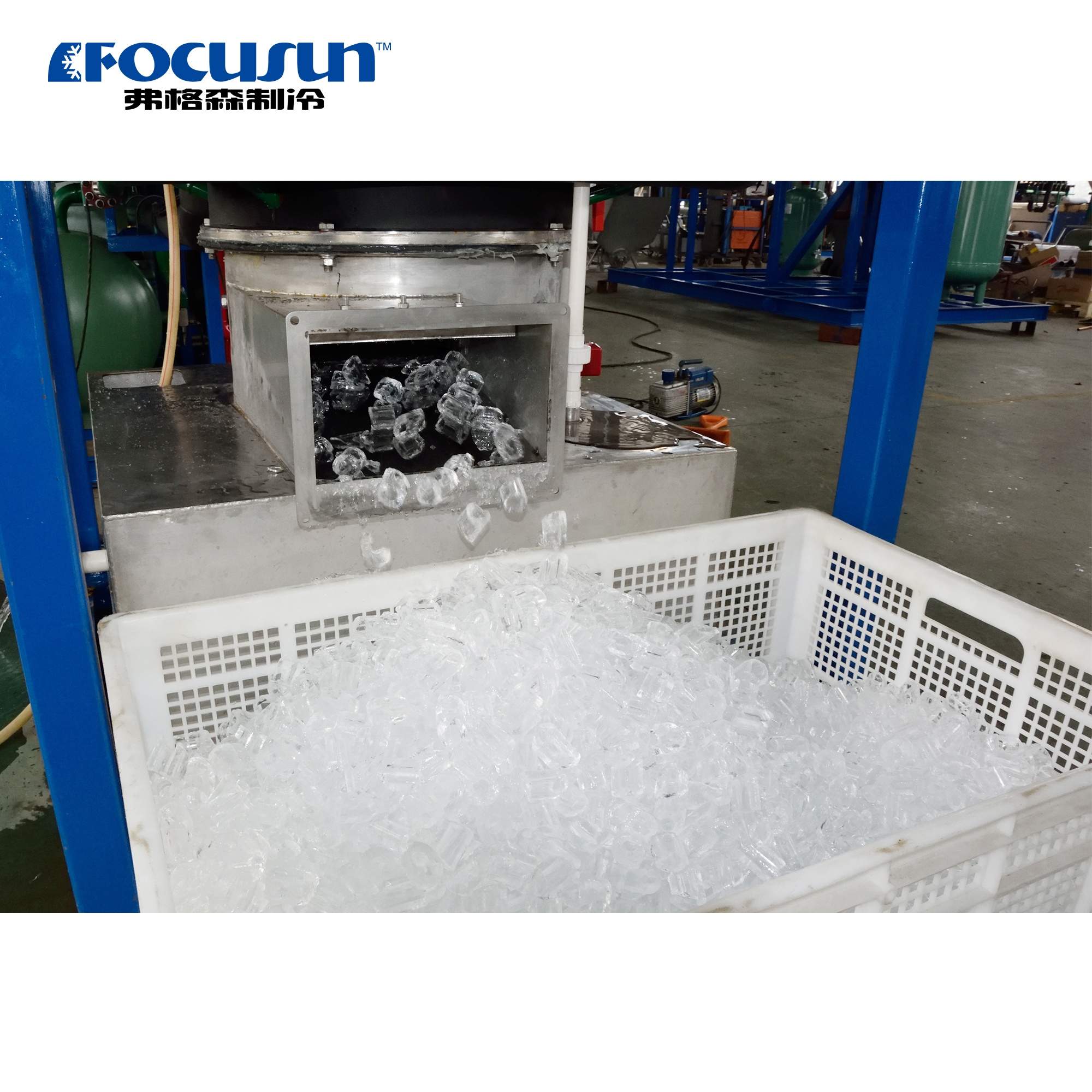 Smooth tube ice outlet discharging pure, food-grade ice directly into transport or storage containers.