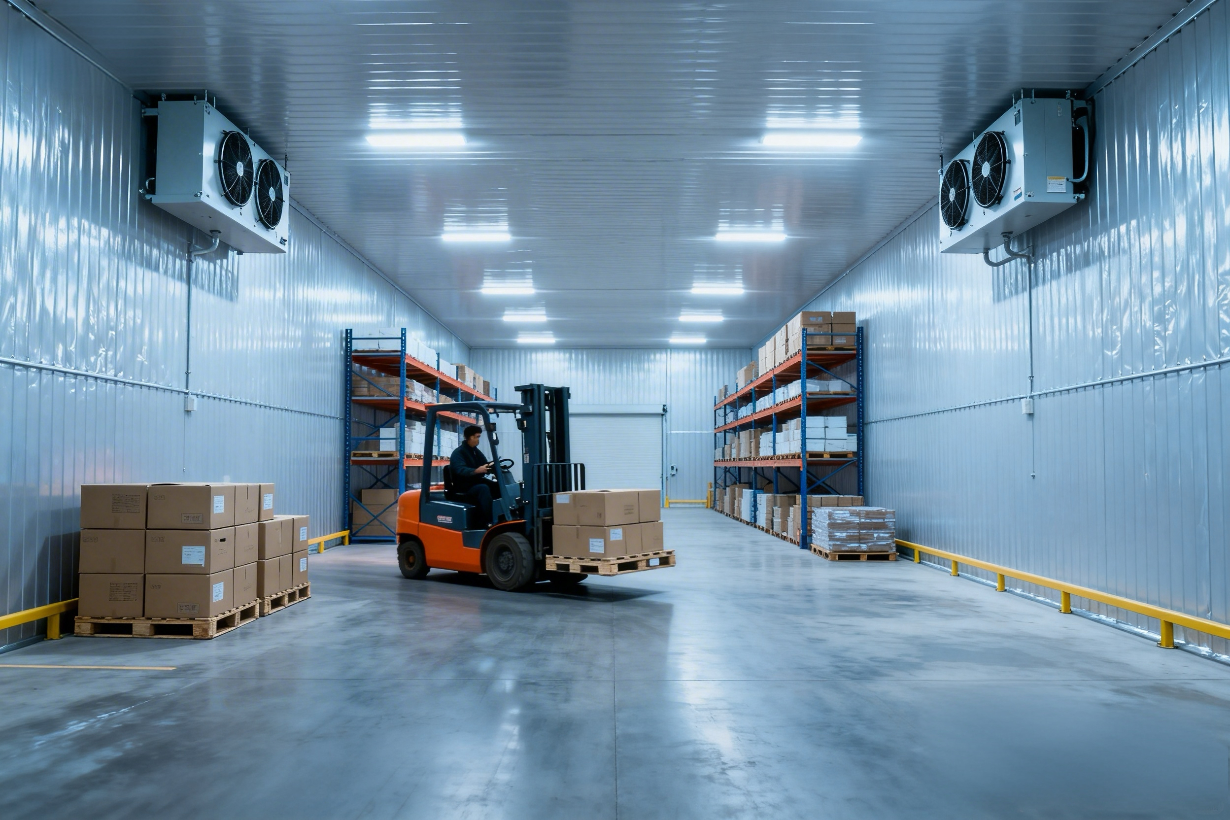 Industrial walk-in freezer with anti-freeze door frame protection and high-density insulation for sub-zero storage applications.