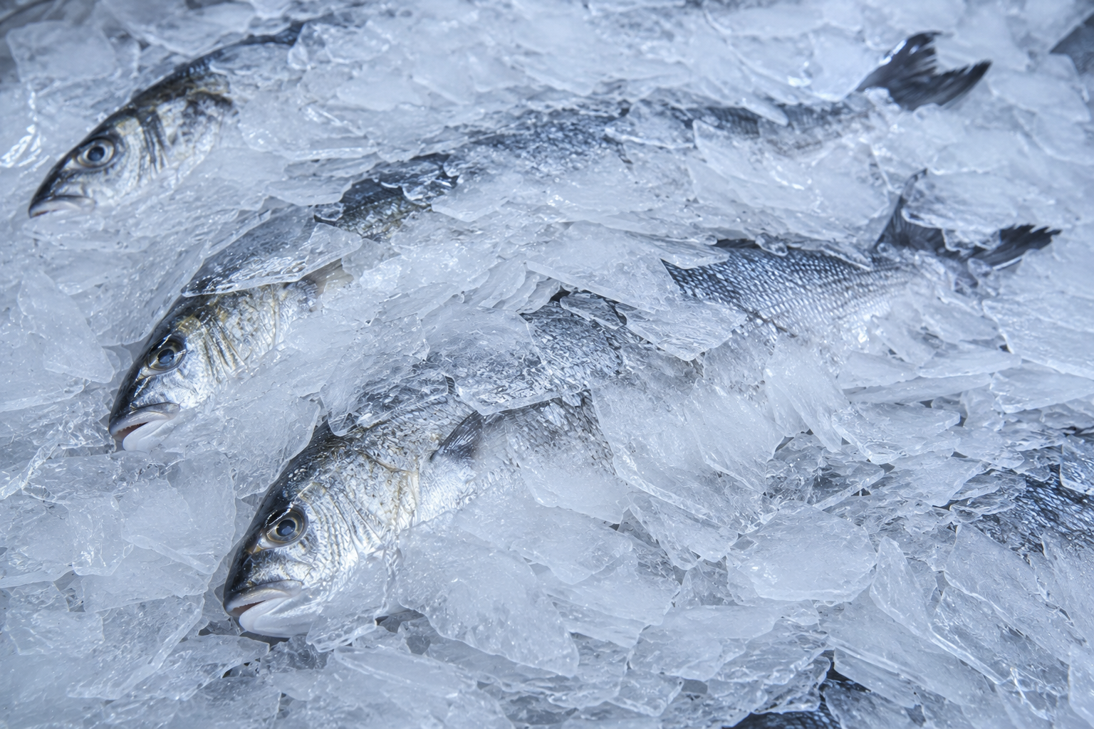 Fresh whole fish cooled with ice layers in a commercial market display to prevent spoilage and maintain premium quality.