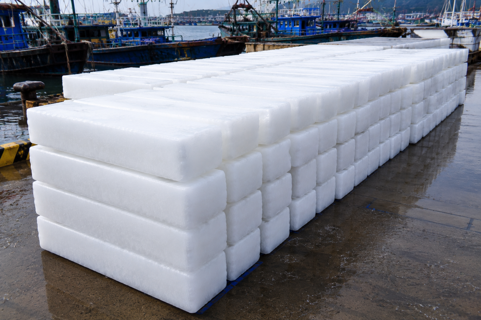 Large dense block ice used in fishery operations for long-distance maritime transport and remote landing dock storage.