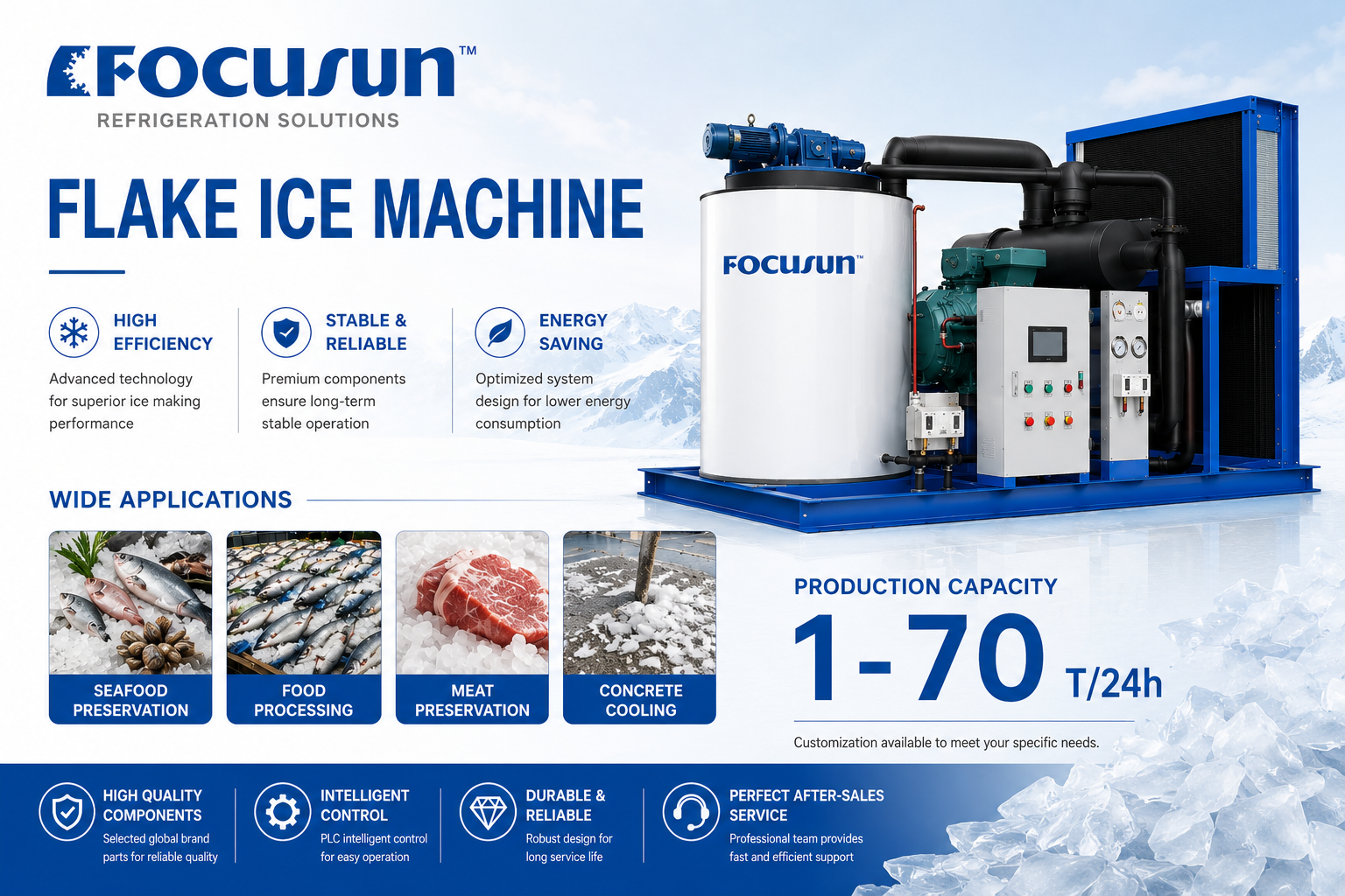Industrial freshwater flake ice machine engineered with a heavy-duty vertical evaporator drum for land-based food processing plants.