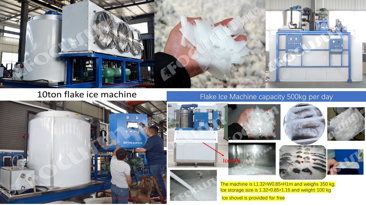 Fully automated Focusun flake ice system structurally integrated with an insulation storage bin, automated ice rake, and horizontal screw conveyor.